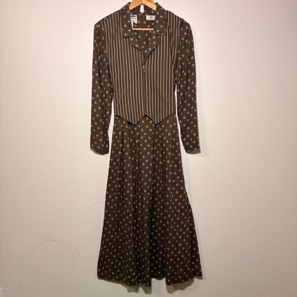 Vtg 70s Vest Floral Chocolate Brown Tie Back Librarian Maxi Collared Dress Sz 8